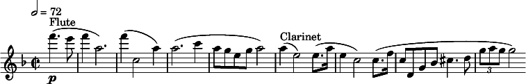 
  \relative c'' { \clef treble \time 2/2 \key f \major \tempo 2 = 72 \partial 2*1 f'4.(^"Flute"\p e8 | f4 a,2.) | f'4( c,2 a'4) | a2.( c4 | a8 g e g a2) | a4(^"Clarinet" e2) e8.( a16 | e4 c2) c8.( f16 | c8 d, g bes cis4. d8 | \times 2/3 {g a g} g2) }
