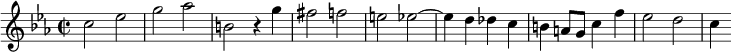 \relative c'{
    \clef treble
 \key c \minor
    \time 2/2
\set Staff.midiInstrument = "harpsichord"
    c'2 ees      | % 1
    g aes      | % 2
    b, r4 g'      | % 3
    fis2 f      | % 4
    e ees~      | % 5
    ees4 d des c      | % 6
    b a8 g c4 f      | % 7
    ees2 d \bar "|"     | % 8
    c4
}