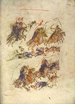 Medieval manuscript showing groups of riders, both lancers and horse-archers, fighting, and trampling over bodies
