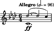  \relative c'' { \clef treble \key f \minor \time 6/4 \tempo "Allegro" 2. = 96 << { des2.~( des2 c4) } \\ { c,1.\ff } >> } 