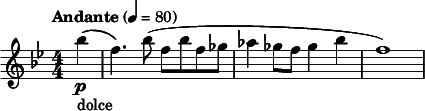  \relative c''' { \key bes \major \numericTimeSignature \time 4/4 \tempo "Andante" 4=80 \partial 4*1 bes4\p_"dolce"( | f4.) bes8( f bes f ges | aes4 ges8 f ges4 bes | f1) } 