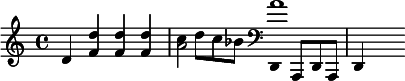 {\set Staff.midiInstrument = #"muted trumpet" d' <f' d''>4 <f' d''>4<f' d''>4 <<{a'2} {c''8 d''8 c''8 bes'8}>> <<{a'1} {\set Staff.midiInstrument = #"timpani" \clef bass d,8 a,, d, a,, d,4}>>}