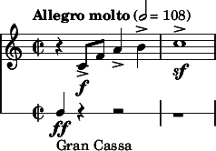   << \new Staff \relative c' { \clef treble \time 2/2 \key c \major \tempo "Allegro molto" 2 = 108 r4 c8\f-> f a4-> b-> | c1->\sf } \new RhythmicStaff { \clef bass f4_"Gran Cassa"\ff r4 r2 | r1 } >> 