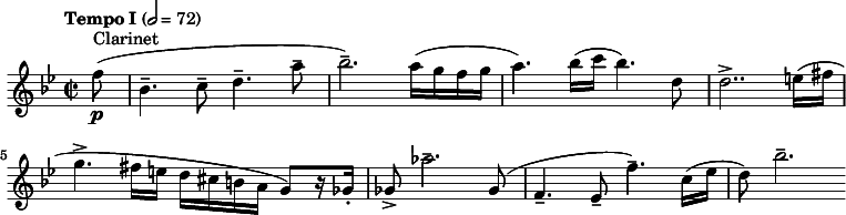 
  \relative c'' { \clef treble \time 2/2 \key bes \major \tempo "Tempo I" 2 = 72 \partial 8*1 f8\p(^"Clarinet" bes,4.-- c8-- d4.-- a'8-- | bes2.--) a16( g f g | a4.) bes16( c bes4.) d,8 | d2..-> e16( fis | g4.-> fis16 e d cis b a g8)[ r16 ges-.] | ges8-> aes'2.-- ges,8( | f4.-- ees8-- f'4.--) c16( ees | d8) bes'2.-- }
