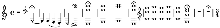 
\new Staff \relative c
{
  \time 4/4
  r2 \clef "bass^8" c~\fermata |
  c4 c-.( b-. a-.) |
  g2 <fis c''' ees> |
  <g g'' d'>1\fermata |
  <b g'' d'> |
  <c c'' e> |
  <g g'' d'>\fermata |
  \clef "treble_8"
  <c c' g'>1*1/4 <c c' a'> <c c' g'> <c c' a'> |
  <c c' g'>1*1/2 <g g' d' f>\fermata |
  R1 |
  R1^\fermataMarkup |
  \bar "||"
  \time 3/4
}

