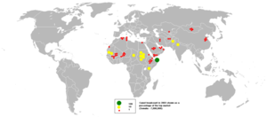 A world map with large camel populations marked