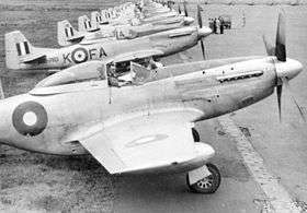 Row of a dozen or so single-engined fighters on an airfield