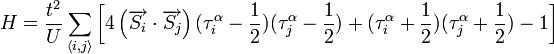 H=\frac{t^2}{U}\sum_{\langle i,j\rangle}\left[4\left(\overrightarrow{S_i}\cdot\overrightarrow{S_j}\right)(\tau_i^{\alpha}-\frac{1}{2})(\tau_j^{\alpha}-\frac{1}{2})+(\tau_i^{\alpha}+\frac{1}{2})(\tau_j^{\alpha}+\frac{1}{2})-1\right]