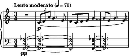  { \new PianoStaff << \new Staff \relative c' { \clef treble \time 3/4 \tempo "Lento moderato" 4 = 70 R2. \times 2/3 {c8\p( d a' } g4. e8 | d c d e g4~ | g8 e g4. e8) } \new Staff \relative c' { \clef bass \time 3/4 <aes f c f,>2.~\pp <aes f c f,>2.~ | <aes f c f,>2 <aes f c f,>4~ | <aes f c f,>2. } >> } 