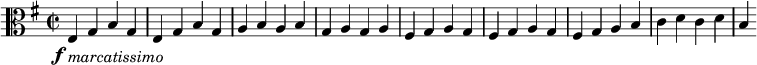 
\version "2.14.2"
\relative c {
\clef alto
\time 2/2
\key e \minor
\set Score.tempoHideNote = ##t
\tempo 2 = 150
\once \override DynamicText #'extra-offset = #'(-2 . 0)
\once \override TextScript #'extra-offset = #'(0 . 2.5)
e4\f_\markup{\italic{marcatissimo}} g b g e g b g
a b a b g a g a
fis g a g fis g a g 
fis g a b c d c d 
b
}
