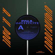 The image mimicks the front of a 7-inch vinyl record package, with a dark green sleeve with a circular cut on the middle. The orange, stylized text "A.K. Paul" appears to its left while the right side contains the word "Landcruisin'" in a similar style. Inside the circular cut is a vinyl label, with a black background, displaying the words Paul Institute, A, 45 rpm, the vinyl catalog number, and song details in smaller font.