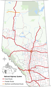 The segments of highways within Alberta's provincial highway system that are designated part of Canada's National Highway System with other base features including the balance of Alberta's provincial highway system, hydrography, national/provincial parks, cities and city equivalents, and the provincial green and white zones.