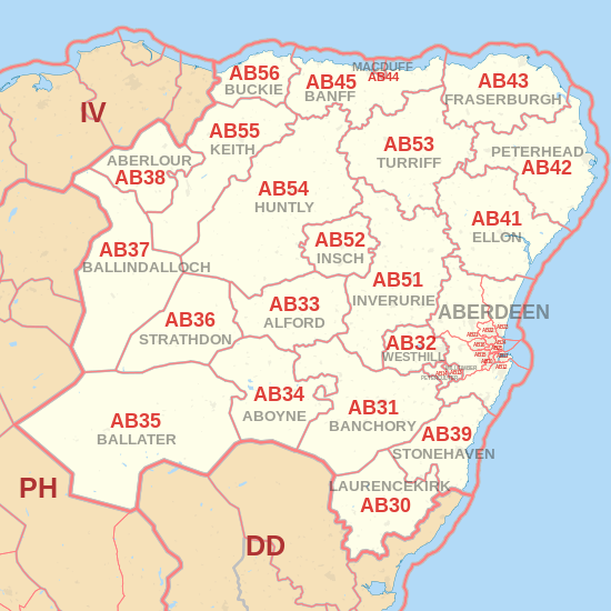 AB postcode area map, showing postcode districts, post towns and neighbouring postcode areas.