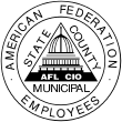 A round graphic featuring a triangle icon with an image of the US capitol building, interspersed with the full name of AFSCME, as well as the acronym of AFL-CIO.