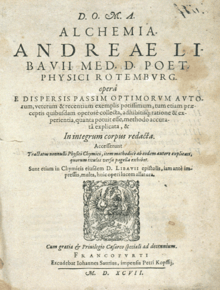The yellowed title page of Andreas Libavius's Alchemia, in Latin.