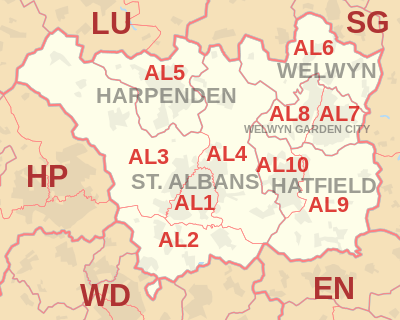 AL postcode area map, showing postcode districts, post towns and neighbouring postcode areas.