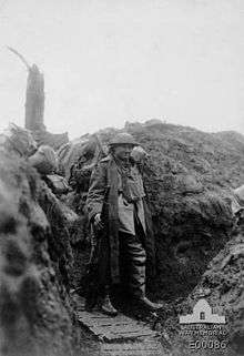A soldier carrying a rifle standing in a trench
