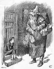 1895 engraving of Father Christmas asking a ragged child "Where's your stocking?"