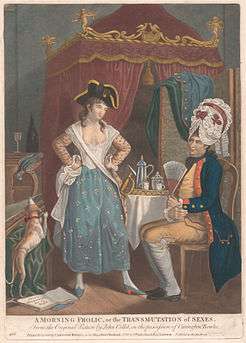 A parodic cartoon depicting male and female crossdressing, c. 1780, after a work by John Collet.