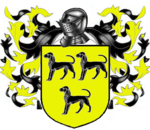 A coat of arms showing three black dogs on a field of yellow.