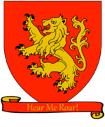 A coat of arms showing a golden lion on a red field
