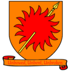 A coat of arms showing a yellow spear piercing a red sun on a field of orange