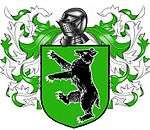 A coat of arms showing a black bear on a green field.