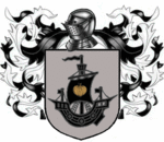 A coat of arms showing a black ship with a white onion on his sail on a field of grey.