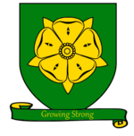 A coat of arms showing a golden rose with five petals on a green field