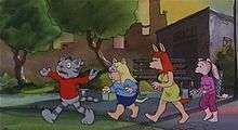 Four cartoon figures of cats dressed in human clothes, walking single file.