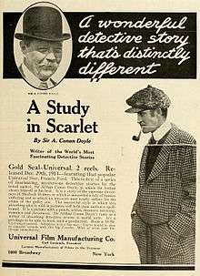 Advertisement for the American film, with photos of Arthur Conan Doyle and Francis Ford as Holmes