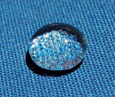 Close-up of a drop of water (almost spherical) on blue fabric, with a shadow under it