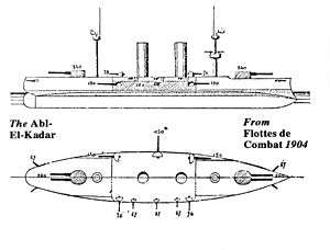 A black and white design drawing of a ship, with a top-down view and one from the side.