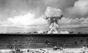 The airburst nuclear explosion of July 1, 1946. Photo taken from a tower on Bikini Island, 3.5 miles (5.6 km) away.