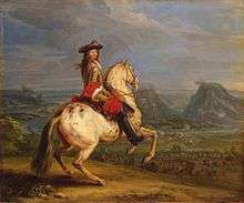 Painting of a man holding a sword while riding a rearing horse