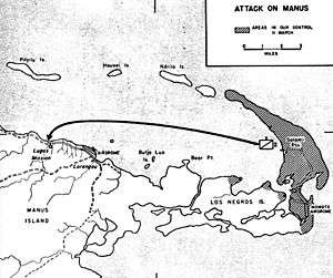 Larger scale map indicating that Los Negros is now in Allied hands. An arrow indicates an attack across the harbour, on Manus.