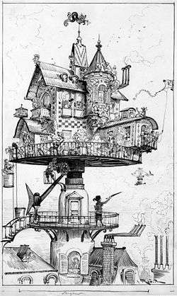 black and white drawing of small house of complex design raised above the surrounding buildings on a turntable.