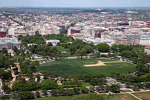 The White House appears in the upper left and the perimeter fence in front of Constitution Avenue is in the lower right, with an enormous green field separating them: The Ellipse.