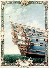 Painting of an ornamented ship's stern seen from the starboard side. The ship has balconies and two stories of quarter galleries with heavy, intricate baroque ornamentation in gold on a blue background. The gold ornaments are a mix of various sculptures, floral shapes and fleurs-de-lis.