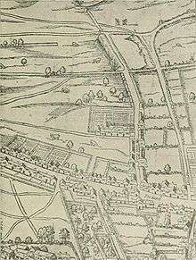  Layout of Gray's Inn, taken from a birds-eye view, showing the Inn as a single walled compound still surrounded by fields.