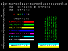A black display showing a test pattern of Cyrillic text and Arabic numbers in red, green, yellow, blue, fuschia, turquoise, and white.