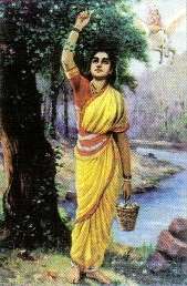 Ahalya clad in a yellow sari stands, plucking flowers from a tree. In the background (right top), Indra astride his flying horse.