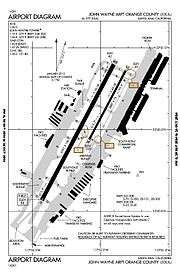 A map with a grid overlay showing the terminals runways and other structures of the airport.