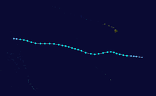 The storm path of Tropical Storm Aka, which starts southeast of Hawaii, moves generally west to west-northwestward, crosses the International Dateline, and eventually dissipates