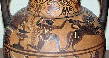 A painted strip running between the handles on the shoulders of a flask. A man wearing a greek-style helmet pulls a naked youth from one of a pair of horses. In the man's other hand is a raised sword. Behind the man, water pours form a lion's head fountain.