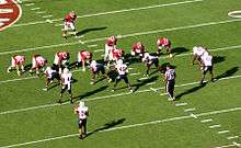 American football players lined up prior to a play
