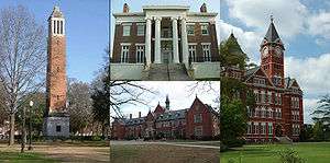 A collage of buildings and structures on campuses of colleges and universities in Alabama. Left: a red brick bell tower topped with white concrete, top center: a dark brown brick building fronted with four white ionic columns, right: a red brick building topped with a clock tower, bottom center: a red brick Gothic Revival building.