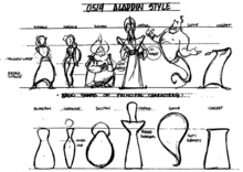 A style guide, depicting above the characters, and below the geometrical shapes they follow. Notes on design, such as "High hip" for Jasmine and "Broad shoulders" for Jafar are scattered through the page. Atop the page is written "0514 – Aladdin Style"
