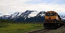 An Alaska Railroad passenger excursion train at Spencer Glacier.