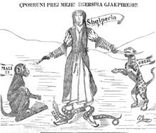 A caricature showing a woman defending herself from a monkey, leopard and snake. The woman's right forearm reads Shkodër and the left reads Janina.